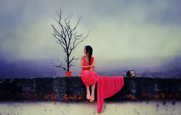 Стена, дерево, ноги, wall, красное платье, tree, мышление, red dress