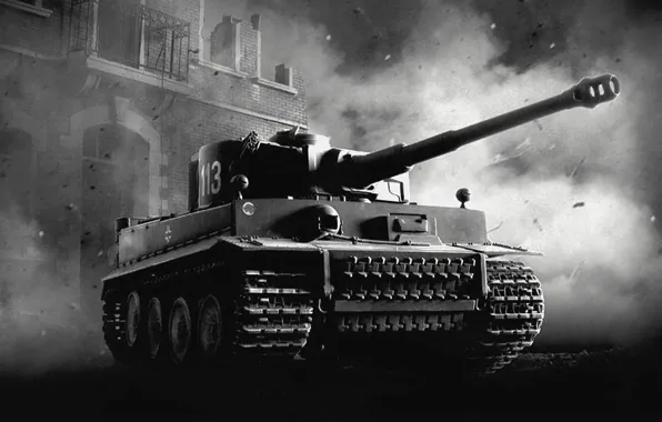 Пыль, Черно белое, Здания, Танк, Tiger, Germany, Tank