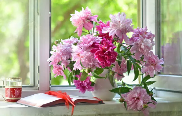 Цветы, перо, книга, ваза, подоконник, пионы