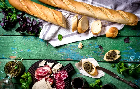 Картинка сыр, хлеб, мясо, багет, колбаса, базилик, песто