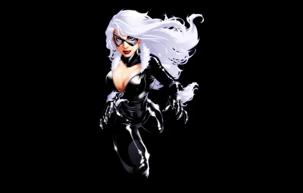 Картинка грудь, девушка, черный фон, белые волосы, комикс, марвел, Marvel Comics, Black Cat