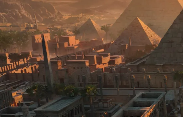Горы, город, пальмы, пирамиды, Egypt
