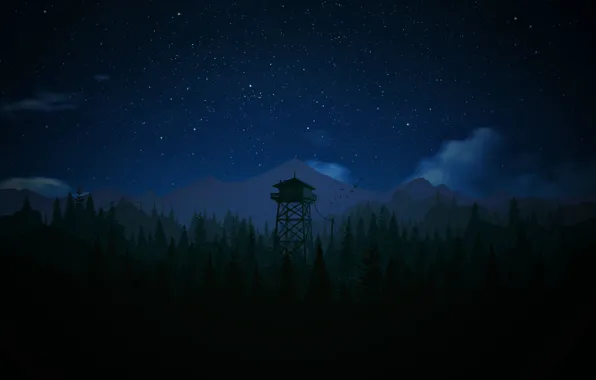 Картинка лес, горы, ночь, вышка, пожарный, Firewatch