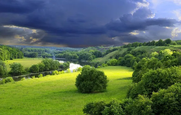 Картинка wallpaper, Clouds, Landscape, Summer, River, Field