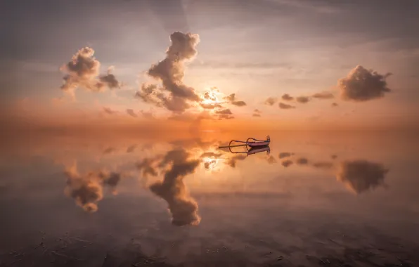 Картинка море, облака, закат, отражение, лодка, sea, sunset, clouds