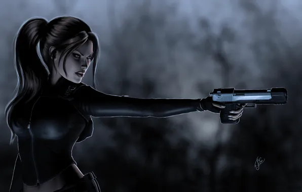 Взгляд, пистолет, оружие, волосы, рука, арт, Tomb Raider, lara croft