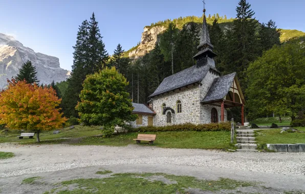 Осень, лес, горы, Альпы, церковь, скамейки, лавочки