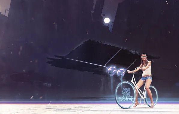 Девушка, велосипед, луна, арт, очки, колеса, киборг