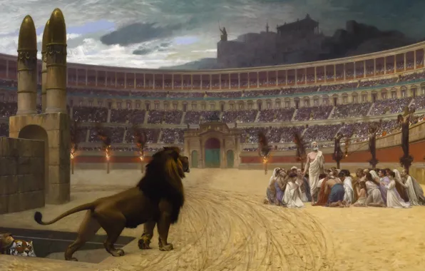 Картина, лев, колизей, мифология, Жан-Леон Жером, Последняя Молитва Христианских Мучеников