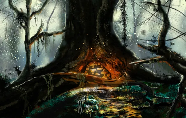 Картинка лес, дерево, грибы, арт, лианы
