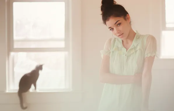 Кошка, кот, девушка, брюнетка
