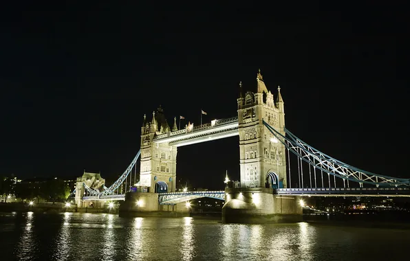 Ночь, мост, город, огни, река, Tower Bridge