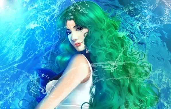 Вода, девушка, зеленые волосы, Sailor Neptune, Kaiou Michiru, Bishoujo Senshi Sailor Moon