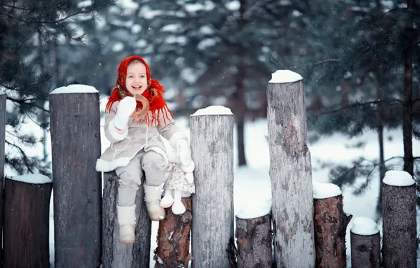 Зима, снег, радость, улыбка, настроение, игрушка, девочка, брёвна