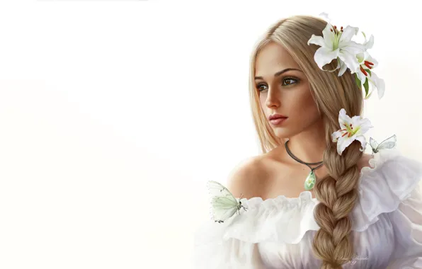 Цветы, Девушка, Минимализм, Рисунок, Бабочка, Цветок, Блондинка, Лицо