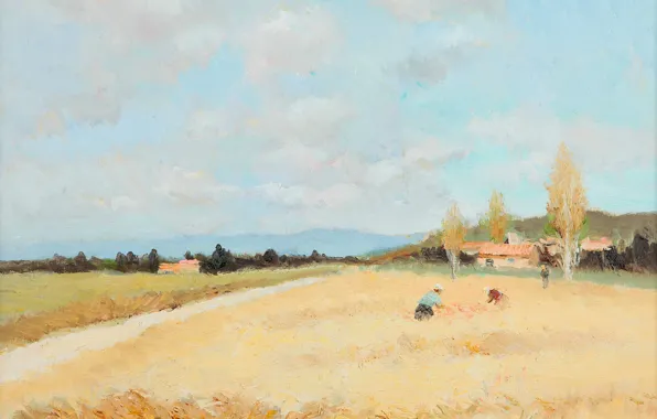 Картинка пейзаж, горы, дом, картина, урожай, Марсель Диф, Фигуры в поле