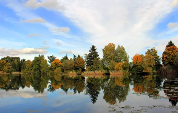 Картинка осень, небо, облака, деревья, отражение, река