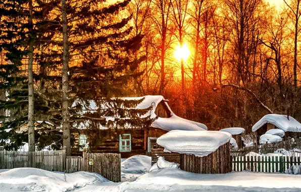 Картинка зима, лес, солнце, снег, деревья, закат, дом, забор