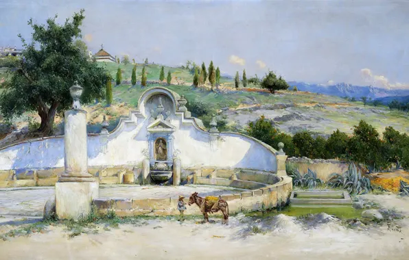 Пейзаж, холмы, картина, источник, Ла Фуэнте де Сан Паскуаль, мул, Антонио Гомар