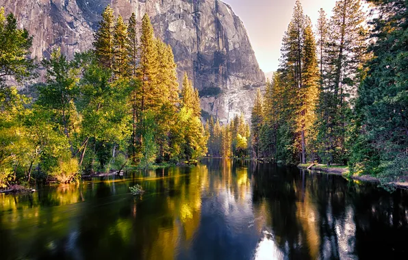 Картинка осень, лес, солнце, деревья, река, скалы, USA, Yosemite