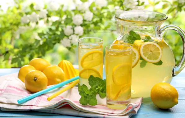 Картинка лето, цветы, напиток, fresh, лимоны, лимонад, lemons, lemonade