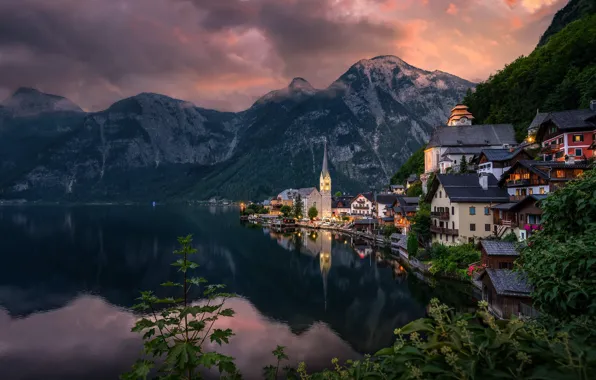 Горы, озеро, здания, дома, вечер, Австрия, Альпы, Austria