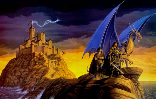 Дракон, Замок, Воины, Larry Elmore, Ларри Элмор