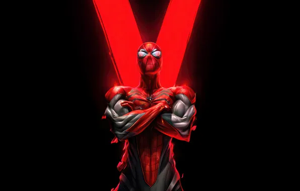 Черный фон, супергерой, Spiderman, Человек-Паук, обтягивающий костюм, марвел комикс, Рыцарь Возмездия, Knight Of Vengeance