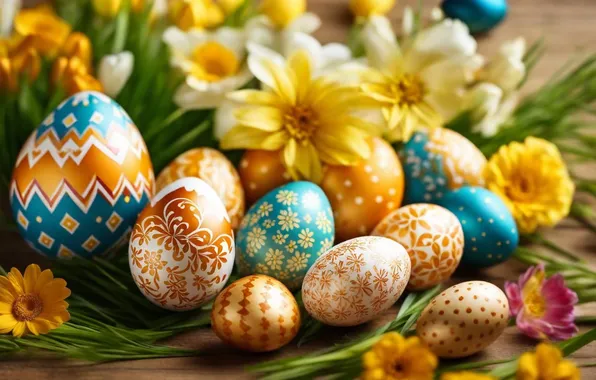 Цветы, яйца, весна, colorful, Пасха, happy, flowers, spring