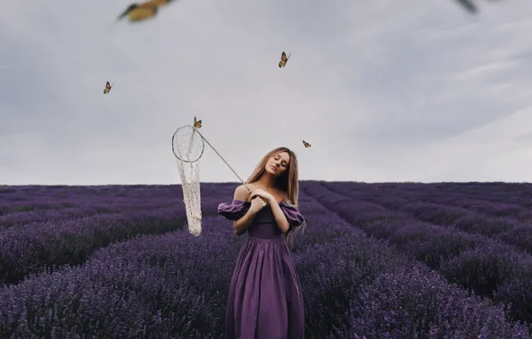 Картинка поле, девушка, бабочки, настроение, сачок, лаванда