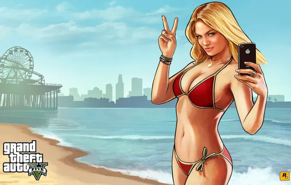 Море, пляж, девушка, лос анджелес, Grand Theft Auto V, gta5, санта мария
