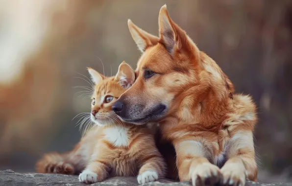 Кошка, взгляд, цветы, поза, котенок, собака, парочка, мордашки