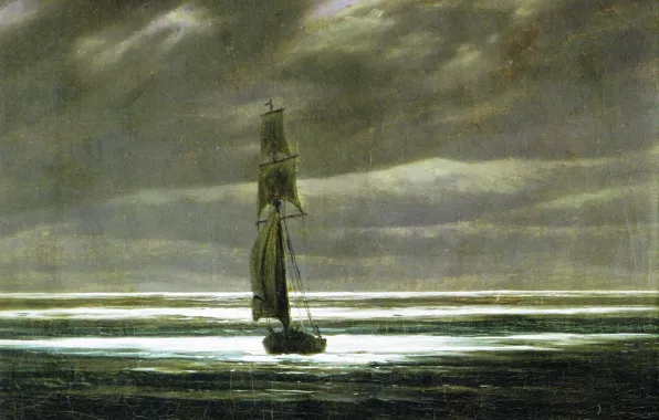 Картинка корабль, картина, парус, морской пейзаж, Каспар Давид Фридрих, Берег Моря в Лунном Свете