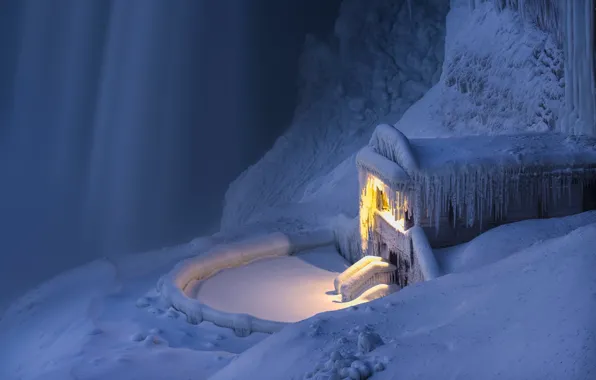 Картинка зима, снег, водопад, сосульки, Канада, Онтарио, Ниагарский водопад, Canada