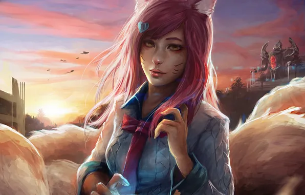 Картинка девушка, лиса, рубашка, ушки, League of Legends, ahri, Nine-Tailed Fox