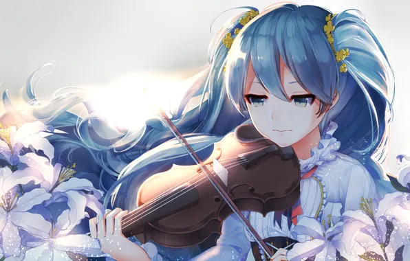 Картинка девушка, цветы, скрипка, vocaloid, hatsune miku, вокалоид, art, kanoa