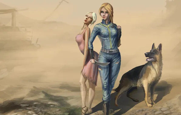 Картинка девушки, собака, арт, ножик, Fallout 3, пустош