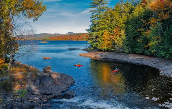 Осень, деревья, озеро, лодка, США, штат Нью-Йорк