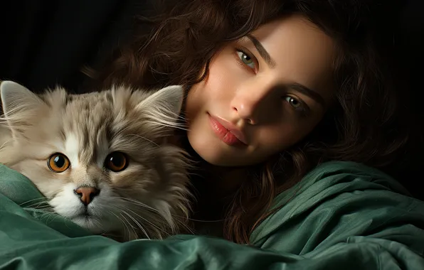 Кошка, кот, взгляд, девушка, лицо, серый, милая, мило