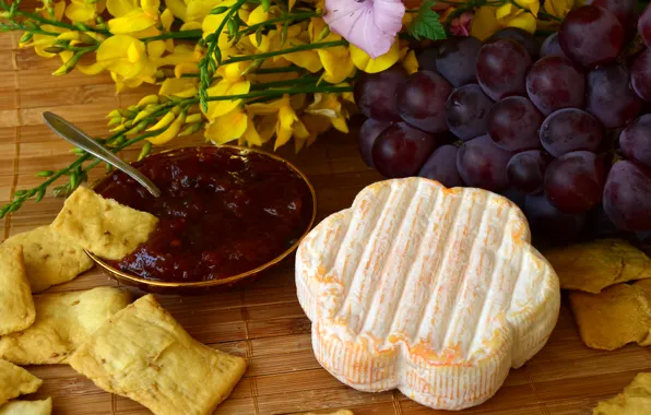 Картинка фото, еда, сыр, виноград, варенье, чипсы