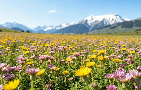 Картинка поле, цветы, горы, весна, colorful, луг, blossom, flowers