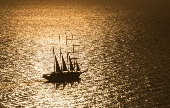 Море, отражение, корабль, вечер, силуэт, паруса, мачты