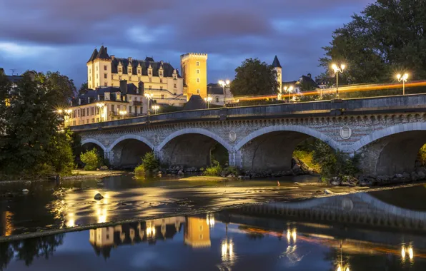 Картинка мост, огни, река, замок, Франция, вечер, Pau