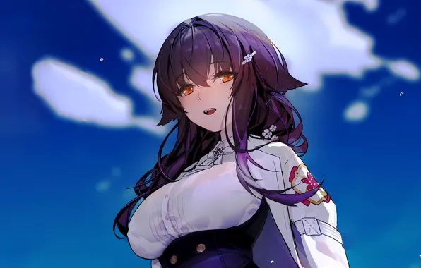Girl, sky, long hair, anime, beautiful, clouds, pretty, attractive