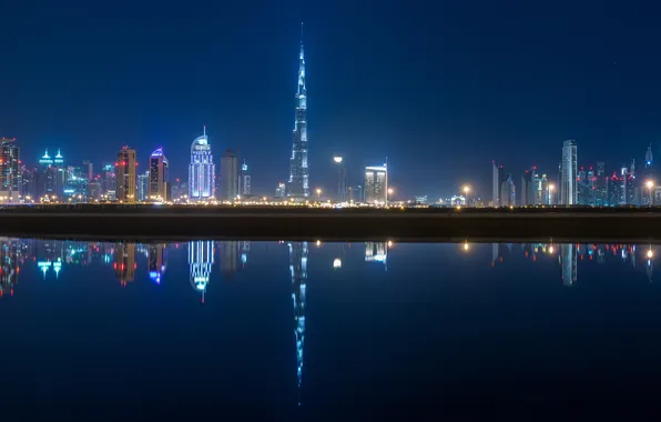 Огни, отражение, здания, панорама, Дубай, Dubai