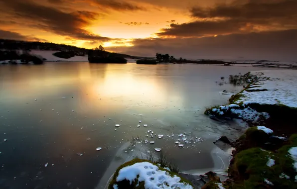 Лед, зима, небо, закат, осколки, озеро, шотландия, scotland