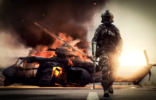 Картинка оружие, фон, огонь, солдат, вертолет, экипировка, Battlefield 4