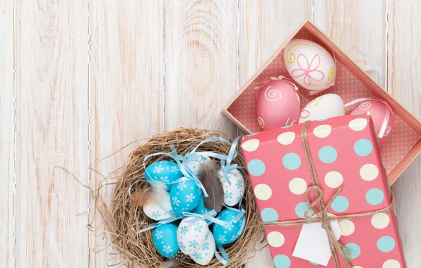 Картинка Пасха, wood, spring, Easter, eggs, decoration, Happy, яйца крашеные