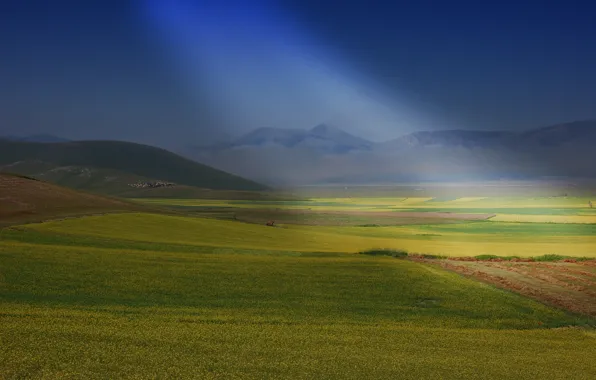 Поле, солнце, горы, холмы, sunshine, field, mountains, ферма