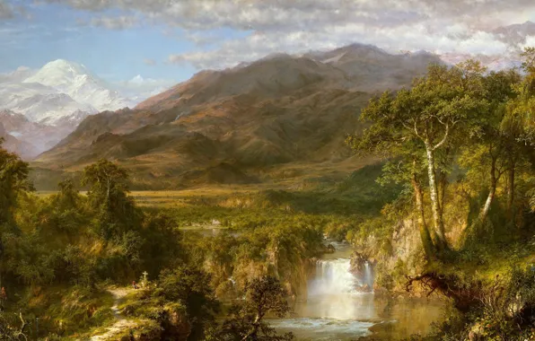 Картинка пейзаж, горы, природа, река, водопад, картина, Фредерик Эдвин Чёрч, Сердце Анд